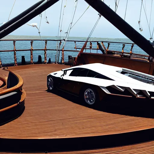 Prompt: rococo lamborghini, on the deck of a pirate ship