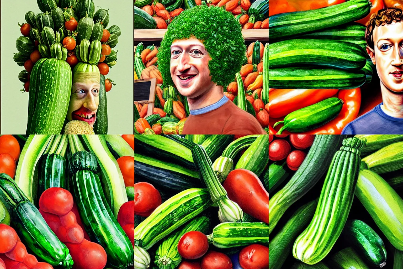 Image similar to mark zuckerberg as a zucchini, vegetable market stand in the background, digital painting by arcimboldo
