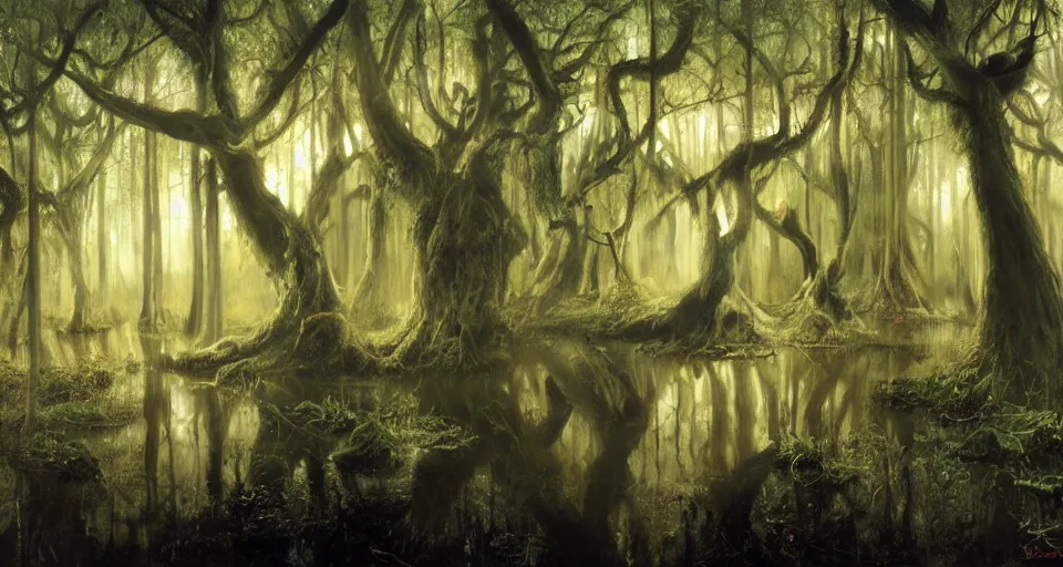 Prompt: A dense and dark enchanted forest with a swamp, by Rob Hefferan