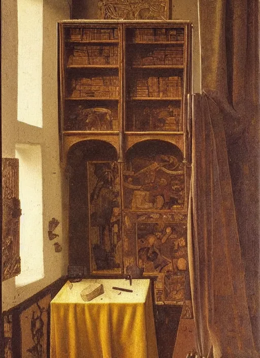 Image similar to bookshelves and drawing materials, paints, brushes, medieval painting by jan van eyck, johannes vermeer, florence