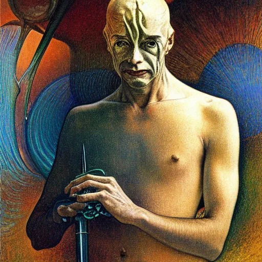 Prompt: realistic extremely detailed portrait painting of an average man ,futuristic , by Jean Delville, Amano, Yves Tanguy, Alphonse Mucha, Ernst Haeckel, Edward Robert Hughes, Roger Dean, rich moody colours, blue eyes