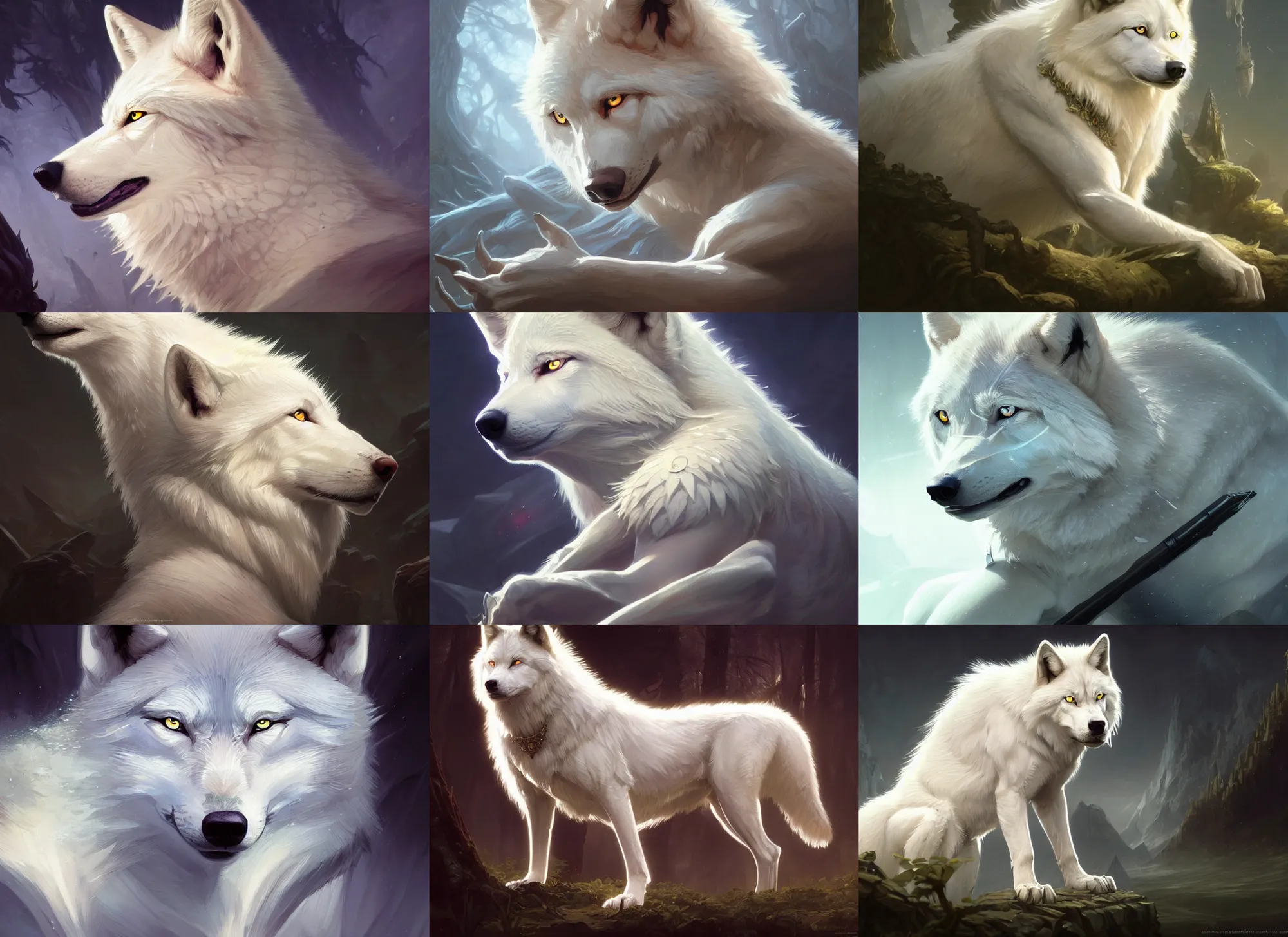 Prompt: wide angle photography of a albino wolf, deep focus, d & d, fantasy, intricate, elegant, highly detailed, digital painting, artstation, concept art, matte, sharp focus, illustration, hearthstone, art by artgerm and greg rutkowski and alphonse mucha