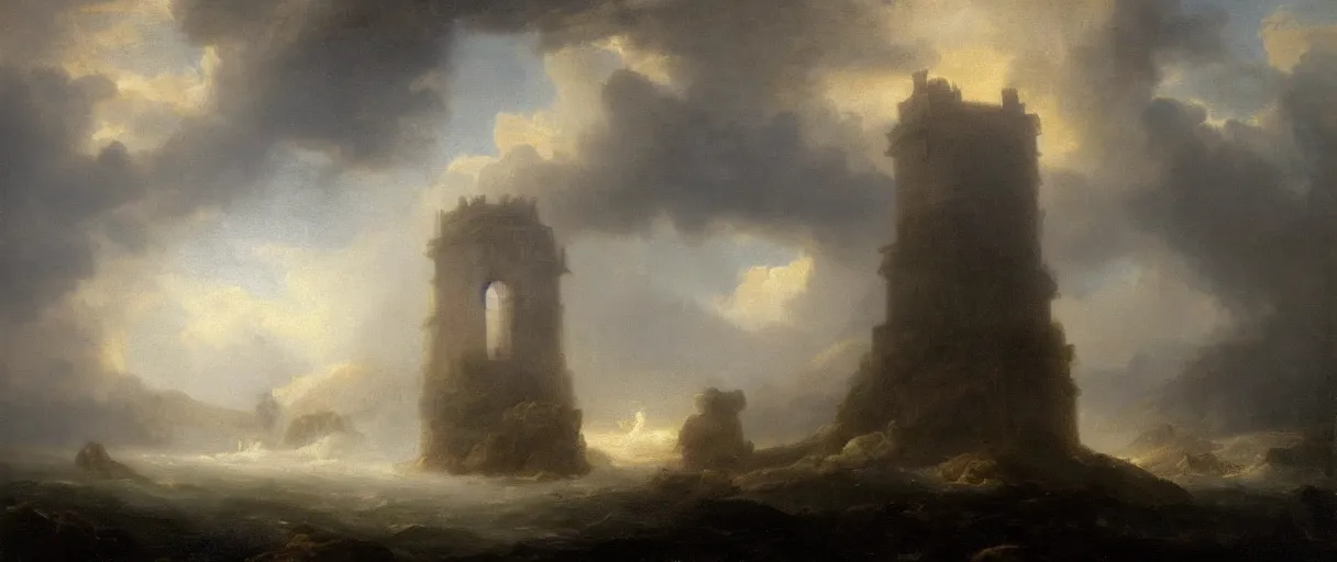 Prompt: an impossibly large tower rising from a sea of mist,evocative,romanticism landscape painting,chiaroscuro