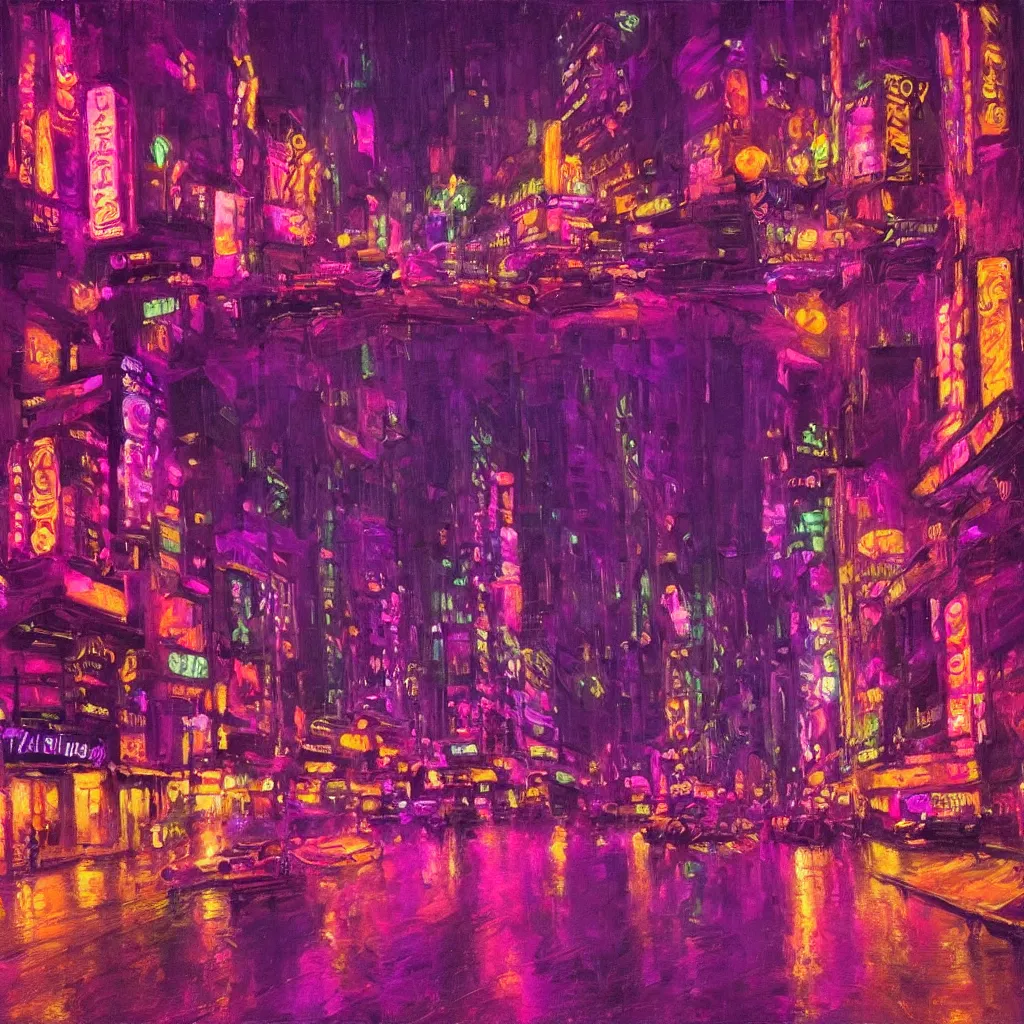 Prompt: a neon cityscape of purple in the style of delphin enjolras. night life. seedy. intricate. highly detailed.