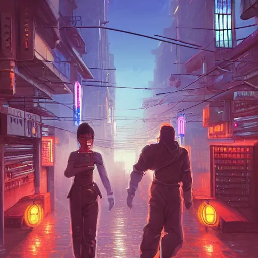 Prompt: An android wielding two katanas in a cyberpunk setting by Evgeny Lushpin, Trending on Artstation, 1980s computer graphics,