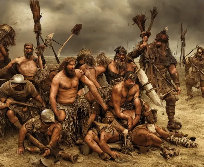 Image similar to barbarian men wait patiently for a storm, art by denys tsiperko and bogdan rezunenko, hyperrealism
