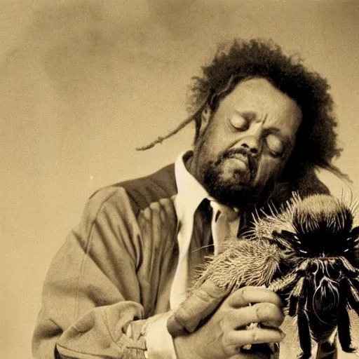 Prompt: charles mingus cradling a big hairy spider, professional photograph