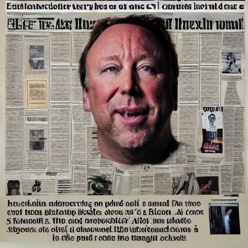 Prompt: “ alex jones trapped inside a room with newspapers taped over the walls, dim lighting, oil portrait ”