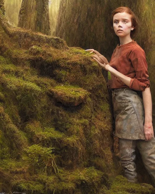 Prompt: a well - lit, realistic close - up portrait painting of a thoughtful girl resembling a young, shy, redheaded irish alicia vikander or millie bobby brown in moss - covered ancient stone ruins at sunset, highly detailed, intricate, concept art, artstation, by donato giancola, ron cobb, and artgerm