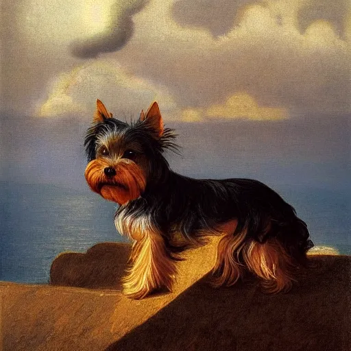 Image similar to a gray and brown Yorkshire Terrier under a rainbow in Santorini by Michael Sowa, head and shoulders portrait, golden hour, extremely detailed masterpiece, oil on canvas, by J. C. Leyendecker and Peter Paul Rubens and Edward Hopper and Michael Sowa,