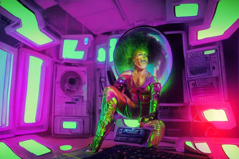 Image similar to friendly cyborg - clowngirl emerging from a space portal in cyberspace, fractaling outwards, in 1 9 8 5, y 2 k cutecore clowncore, bathed in the glow of a crt television, crt screens in background, low - light photograph, in style of tyler mitchell