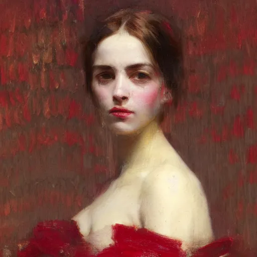 Prompt: detailed rendered 8 k photograph imax and solomon joseph solomon and richard schmid and jeremy lipking victorian loose genre loose painting full length portrait painting of a luxury jewel, cell forms, organic, red ruby, pearl