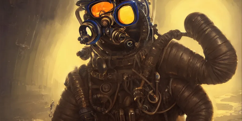 Image similar to highly detailed portrait painting of welder in atmospheric diving suit, perfect symmetrical eyes, by eddie mendoza and tyler edlin, windows, 8 k resolution
