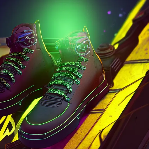 Image similar to a pair of techno neon boots!! in the borderlands 3 style, close - up, cinematic shot, intricate, ornate, photorealistic, ultra detailed, realistic, 1 0 0 mm, photography, octane, high definition, depth of field, bokeh, 8 k, behance, artstation