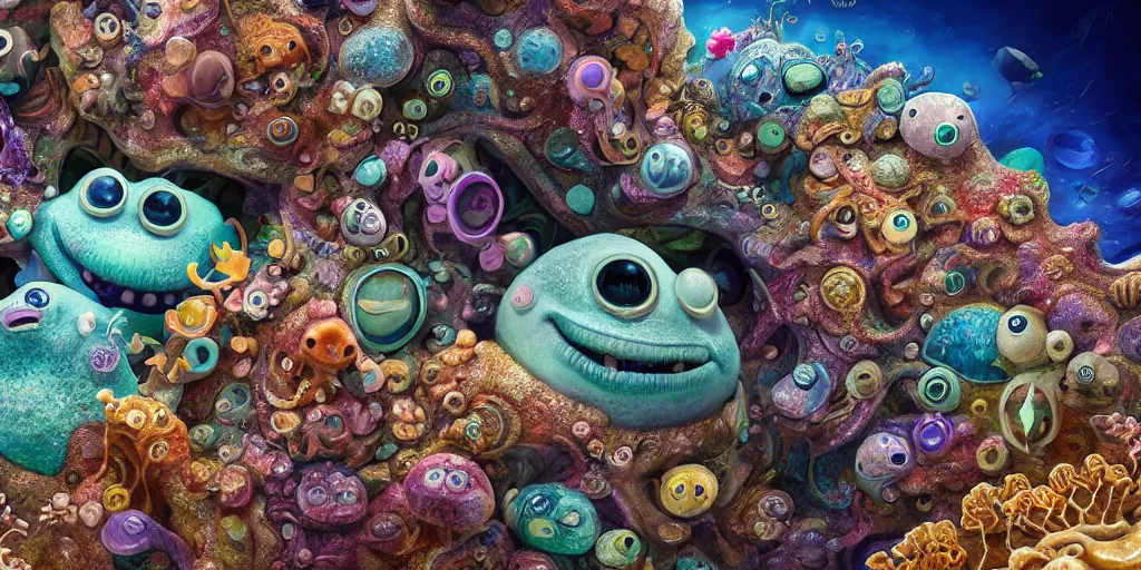 Image similar to of an intricate sea reef with strange cute friendly happy creatures with huge eyes, mouth, long tongue, round teeth and goofy face, appearing from the background, in the style of gehry and gaudi, macro lens, shallow depth of field, ultra detailed, digital painting, trending artstation, concept art, illustration, cinematic lighting, photorealism, epic, octane render