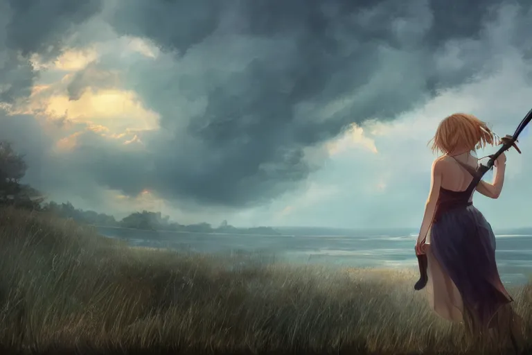 Prompt: back shot of one single beautiful girl in sundress gazing back, holding two swords, digital art by wlop. artstation contest winner, cinematic paint. lower shot. dramatic cloud in background. sunset