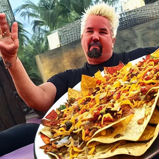 Image similar to guy fieri sitting on a plate of large nachos doing yoga