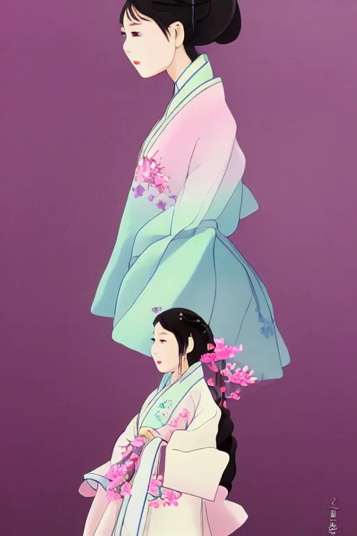 Image similar to pretty korean woman wearing beatiful hanbok, bright pastel colors, trending on artstation, studio ghibli painterly style