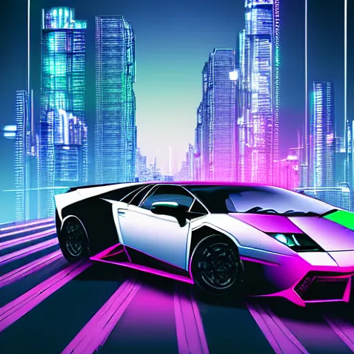 Prompt: epic professional digital art of photorealistic synthwave lamborghini murcielago driving through neon cyberpunk futuristic city towers, mountains in background, detailed, intricate, sporty mood, fun