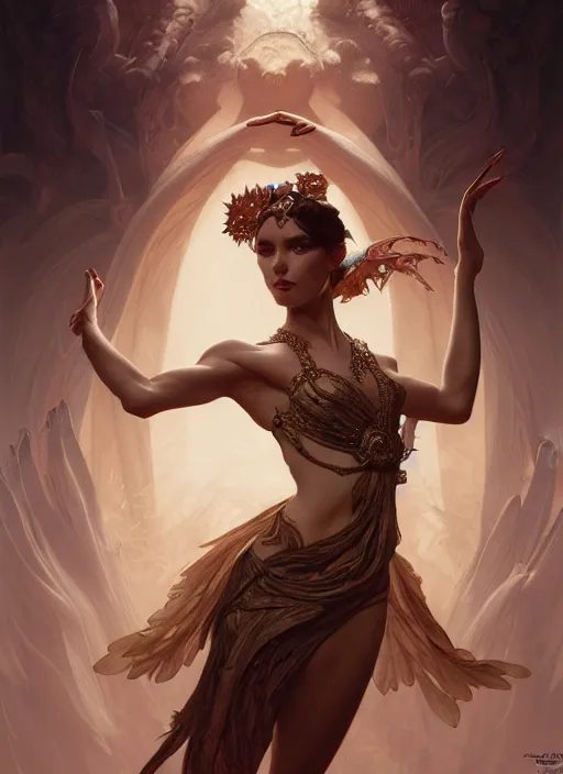 Image similar to dancer of the underworld, intricate, elegant, higly detailed, ultra definition, digital painting, artstation, unreal engine rendered, concept art, smooth, sharp focus, illustration, art by artgerm and greg rutkowski and alphonse mucha and garis edelweiss