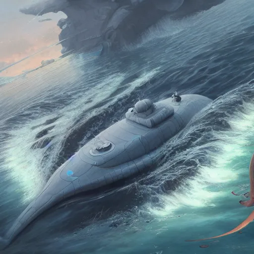 Image similar to subsurface scattering, white, giant submarine, koi colors, no koi, octane render, jesper ejsing, justin gerard, james jean, tomasz alen kopera, cgsociety, fenghua zhong, makoto shinkai, highly detailed, rim light, art, cinematic lighting, very coherent, hyper realism, 8 k