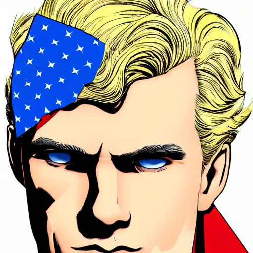 Image similar to portrait of blonde superman with blonde hair he is blinde and thin face lines, his cape is the american flag