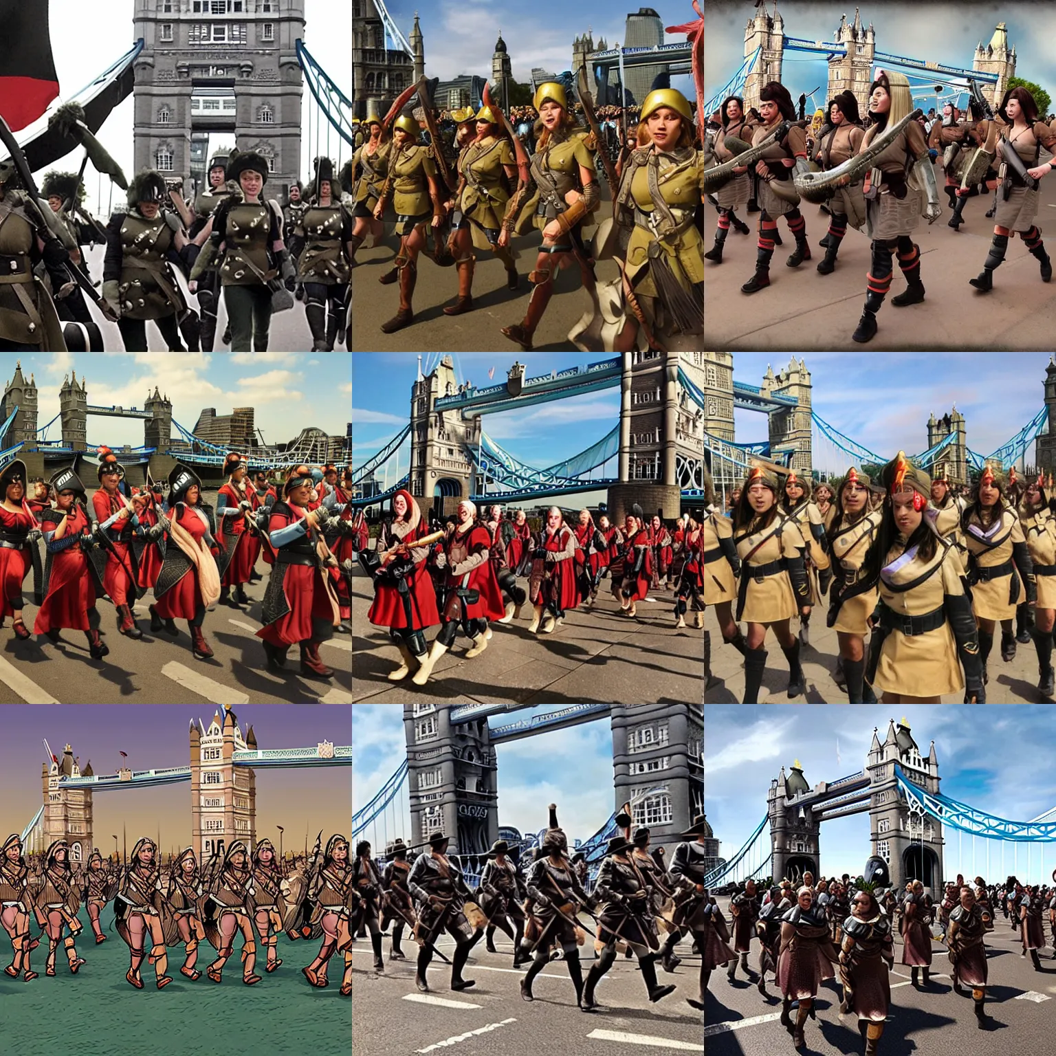 Prompt: Female Amazon soldiers march over Tower Bridge into London, alternate history, loading screen art for the game 'Europa Universalis 4'