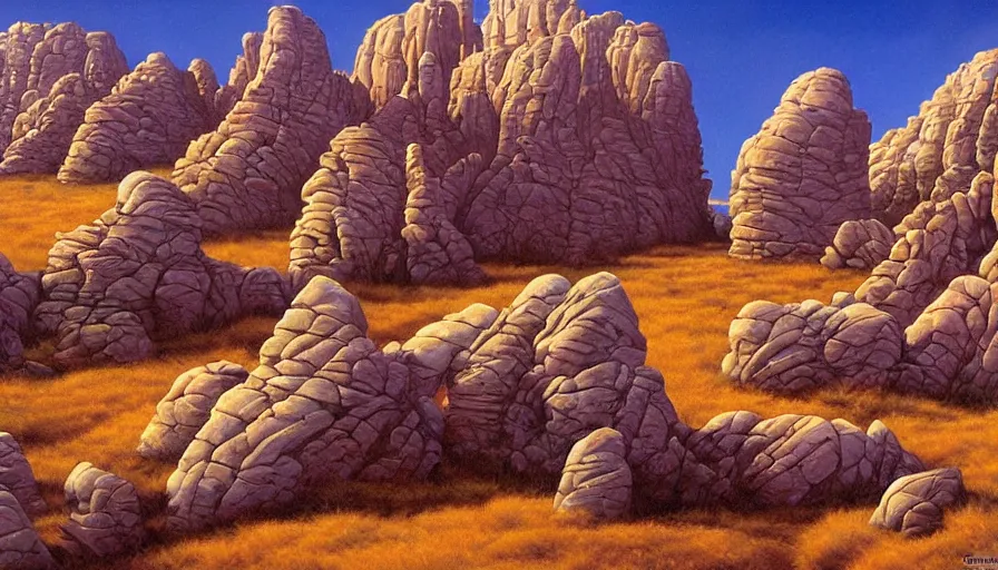 Prompt: fantasy landscape, twisted rock formations, artwork by greg hildebrandt