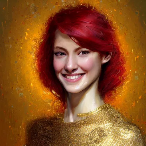 Image similar to Highly detailed painting of a beautiful young woman with red hair, smiling by Craig Mullins, Fabric texture, gold details, gemstone insets, Golden thread, golden details, emeralds, intricate details, intricate patterns 4k, 8k, HDR