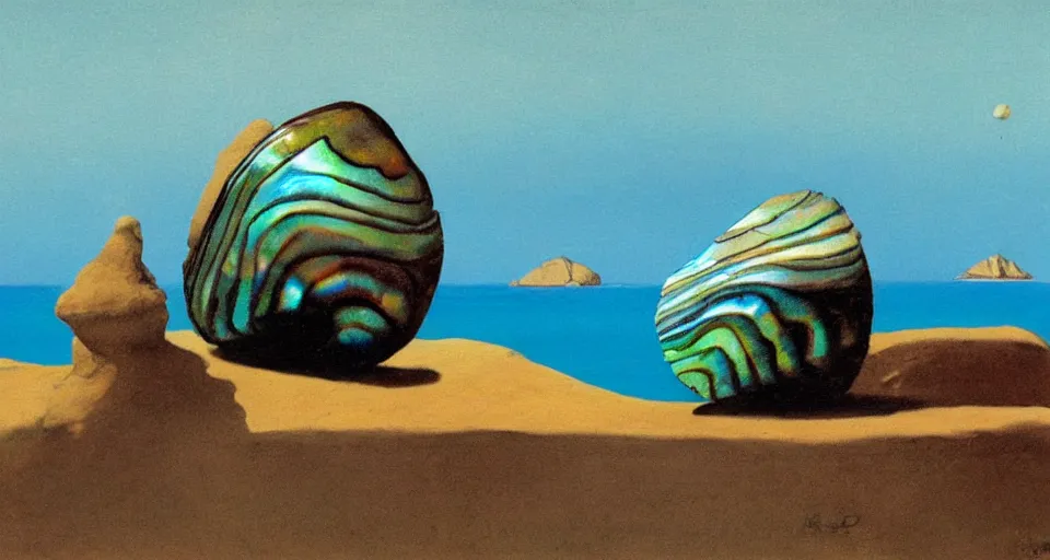 Image similar to oil painting of a tiny abalone seashell house on top of a rock, by roger dean, syd mead, cell, concept art, minimalist, cinematic color scheme