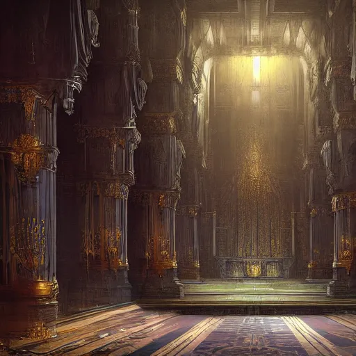 Image similar to Digital art of the opulent throne room Imperial matte finish, ominous dramatic wide angle, god rays Marc Simonetti