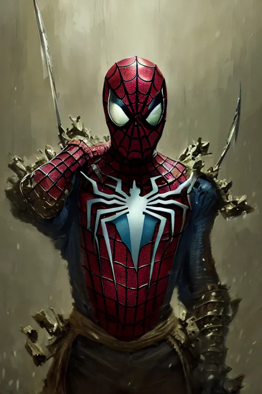 Image similar to spiderman, legendary warrior, heroic fighter, world of warcraft, decorative ornaments, battle armor, by carl spitzweg, ismail inceoglu, vdragan bibin, hans thoma, greg rutkowski, alexandros pyromallis, perfect face, sharply focused, sharply detailed, centered, rule of thirds, realistic shading