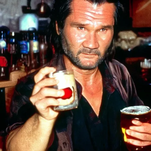 Image similar to Big trouble in little China, Jack Burton (no facial hair) drinking beer, Chinatown bar, amazing shot, colorized, 1987