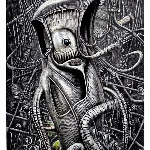 Prompt: the groke hooked up to a machine, hr giger artwork, very detailed!, high quality, 4 k