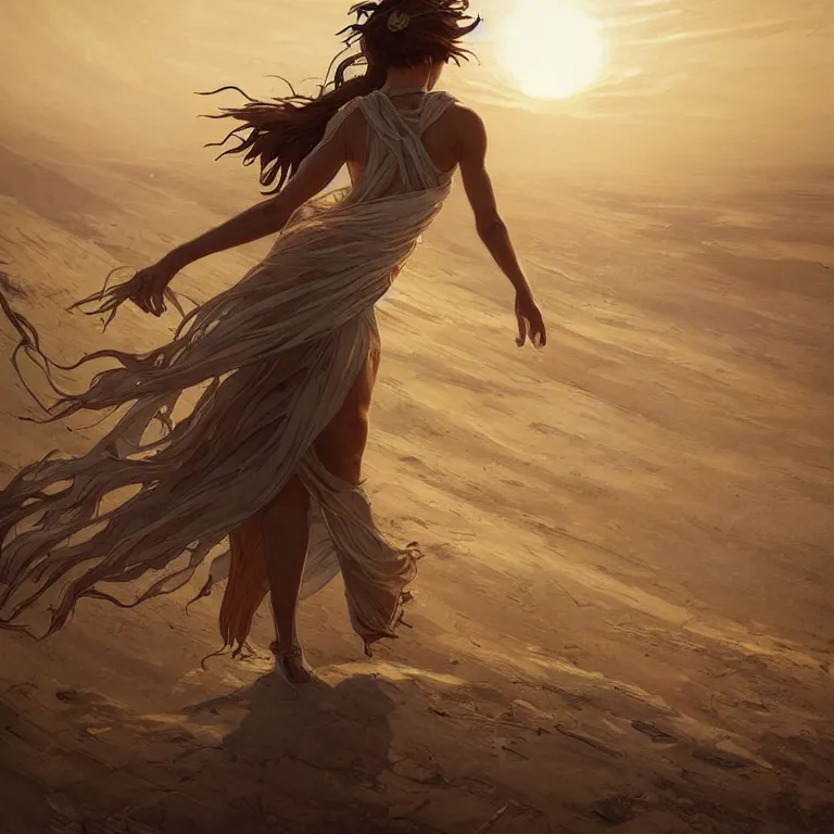 Prompt: A greek goddess trudging across a vast desert under an unrelenting sun. award winning. superb resolution. in the art style of greg rutkowski and alphonse mucha. Detailed post-apocalyptic wasteland in background. Hyper realistic. Perfect art.