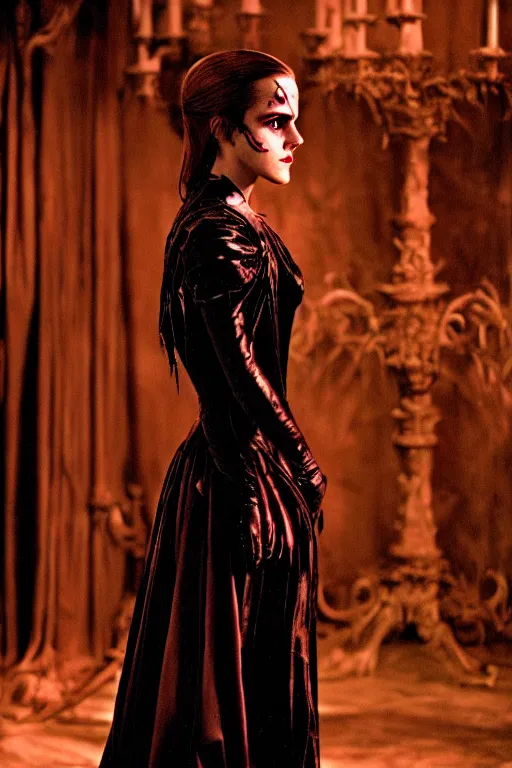 Image similar to dressed emma watson, a sinister demonic queen of cenobites, symmetrical, cinematic, elegant, demonic atmosphere, professional studio light, real dlsr photography, sharp focus, costume made by clive barker, real rotten flesh, blood and bones, 4 k, ultra hd, sense of awe