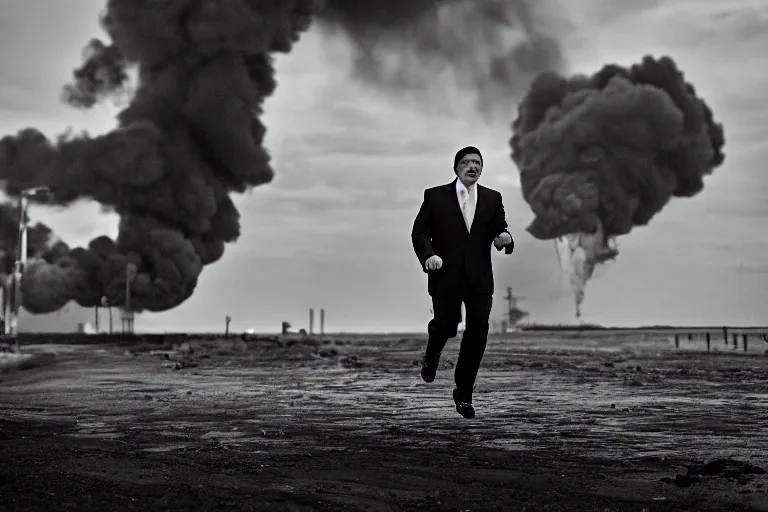 Prompt: ron desantis running from an explosion in the background, medium long shot, cinematic, 2 0 mm lens, photograph