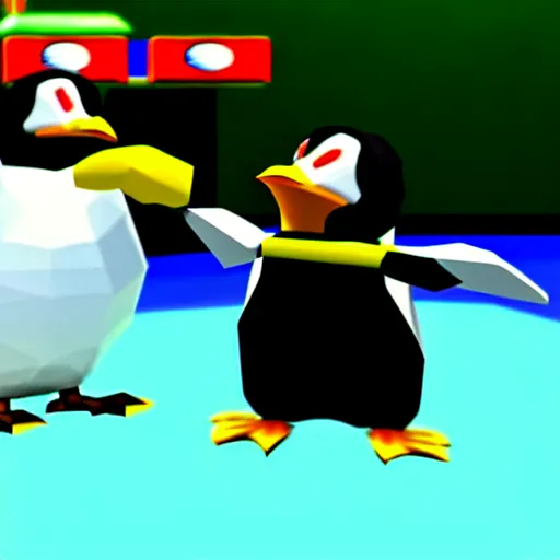 Image similar to danny devito punching a penguin, nintendo 6 4 screenshot, low poly, aliased