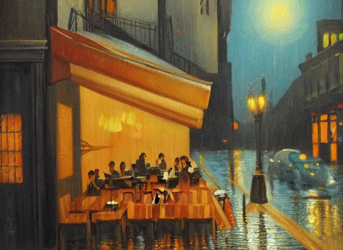 Prompt: being alone at a cafe on a melancholic rainy night by ardon, mordecai, oil painting