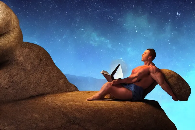 Prompt: a very muscular man sits on a giant rock, reading a book while perched atop a mountain top, digital art, 3 d modeling, light painting, night scene, surrealism, illustration, digital illustration, painted