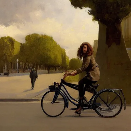 Image similar to young bernedoodle puppy on a bike in paris. art by greg rutkowski, gustave courbet, rosa bonheur, edward hopper. faithfully depicted, sharp focus, global illumination, radiant light, detailed and intricate environment, trending on artstation