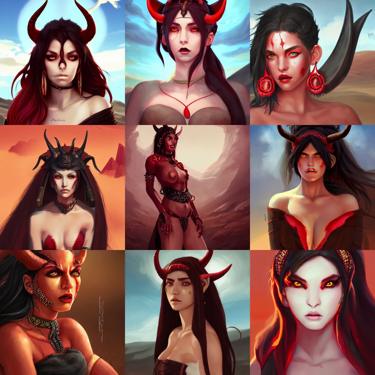 Prompt: portrait of a fierce berber tiefling woman with red skin, devil horns and black hair in a desert, half body, single subject, ambient lighting, highly detailed, digital painting, trending on pixiv fanbox, studio ghibli, extremely high quality artwork, art by ross tran and artgerm and makoto shinkai