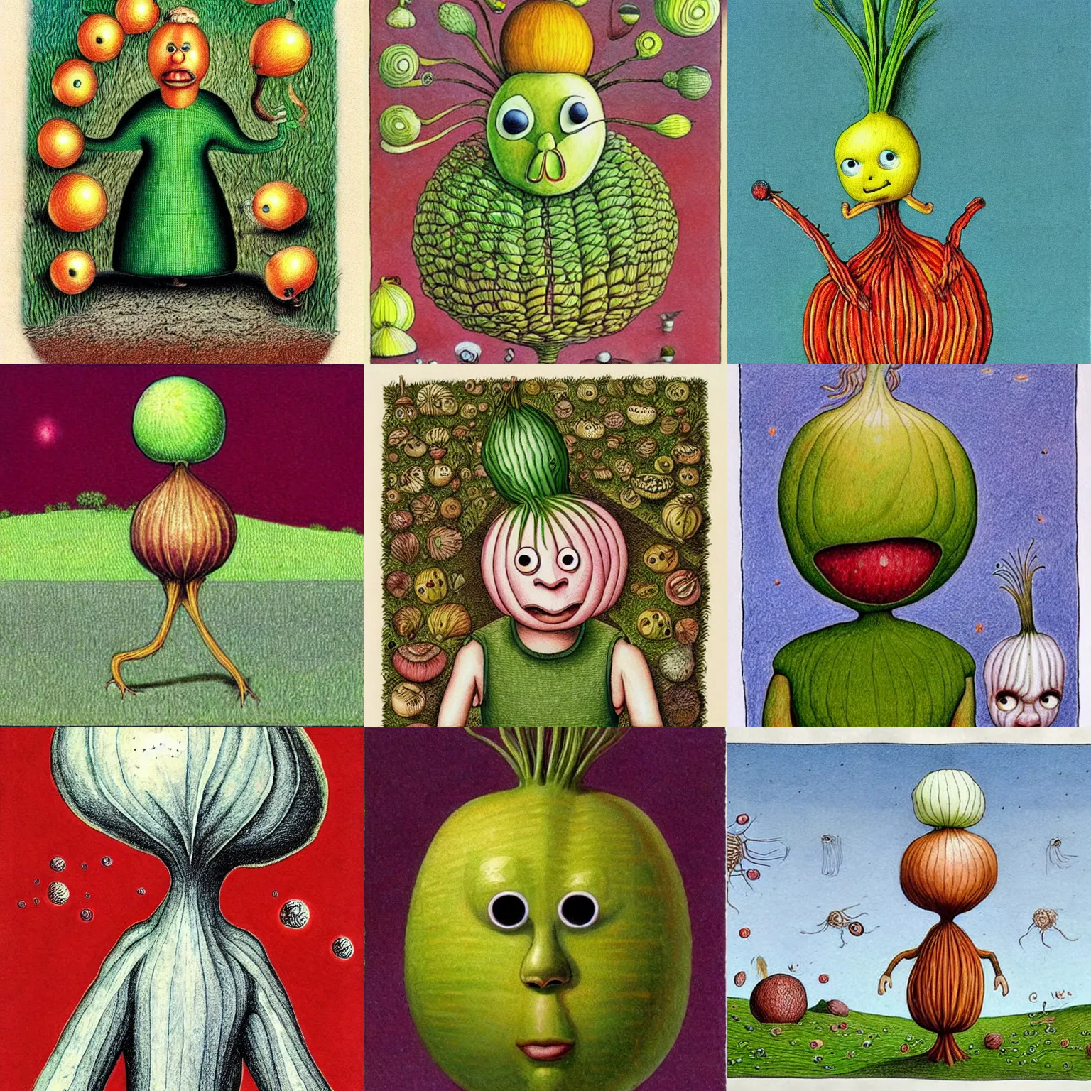 Prompt: onion man in the style of codex seraphinianus