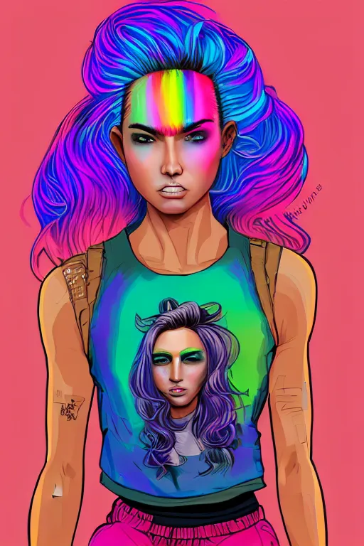 Image similar to a award winning half body portrait of a beautiful woman with stunning eyes in a printed croptop and cargo pants with rainbow colored ombre hairstyle head in motion and hair flying by josan gonzales, outrun, vaporware, shaded flat illustration, digital art, trending on artstation, highly detailed, fine detail, intricate