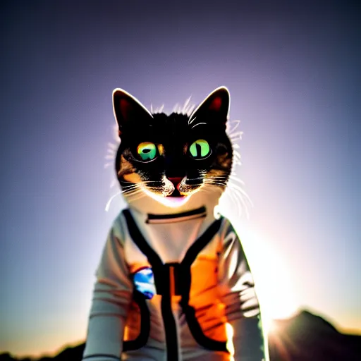 Prompt: cat wearing astronaut suit on the moon planet earth in the background sigma 1 4 mm f / 1. 8 astroied belt