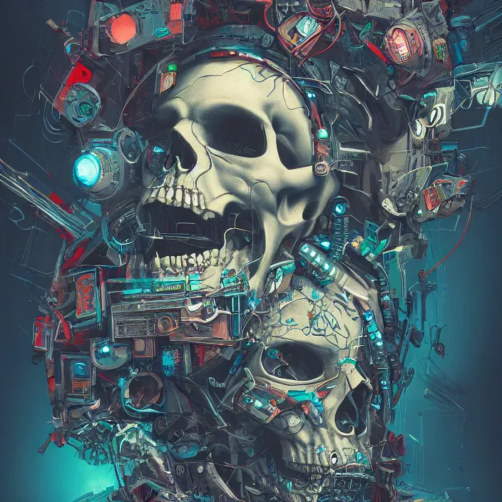 Image similar to a beautiful painting of a cyberpunk skull by james jean and pascal blanche and julian calle and nekro. in style of colorful comic noir illustration, symmetry, sci fi, hyper detailed. octane render. trending on artstation