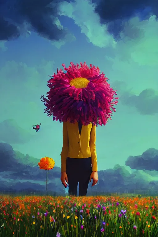 Image similar to closeup, giant flower head, girl in suit jumping in field of flowers, surreal photography, sunrise, blue sky, dramatic light, impressionist painting, digital painting, artstation, simon stalenhag