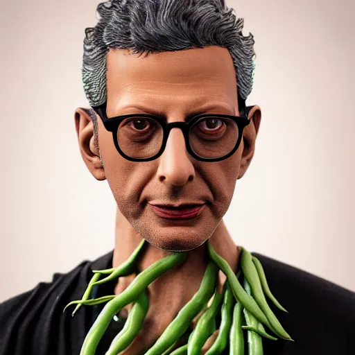 Image similar to hyperrealistic dslr film still of ( jeff goldblum ) disguised as green beans, stunning 8 k octane comprehensive 3 d render, inspired by istvan sandorfi & greg rutkowski & unreal engine, perfect symmetry, dim volumetric cinematic lighting, extremely hyper - detailed, incredibly real lifelike attributes & flesh texture, intricate, masterpiece, artstation, stunning