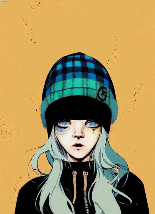 Prompt: highly detailed portrait of a sewer punk lady student, blue eyes, tartan hoody, hat, white hair by atey ghailan, by greg tocchini, by kaethe butcher, gradient yellow, black, brown, peach and cyan color scheme, grunge aesthetic!!! ( ( graffiti tag wall flat colour background ) )