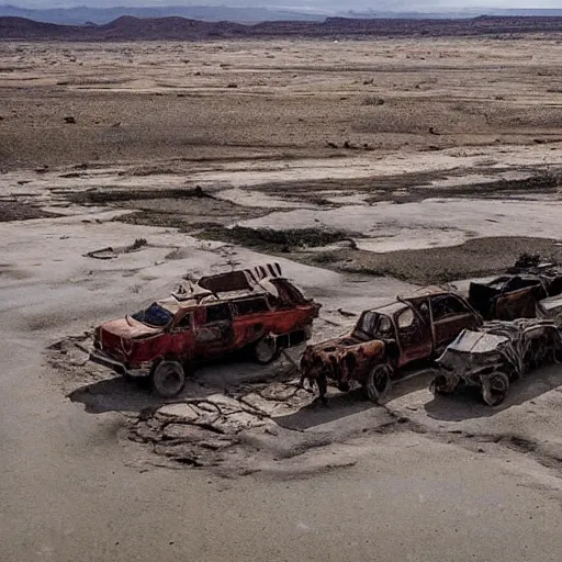 Prompt: city, dried up river, fire, boats in mad max fury road style, riding on the dried up river